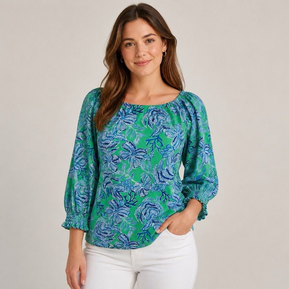 Lilly Pulitzer Lessa Off The Shoulder Top Small Cabana Green Keepin It Reel